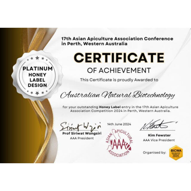 17th Asia Beekeepers Association Competition 2024 – Platinum Award for Honey Label Design, Perth, Western Australia